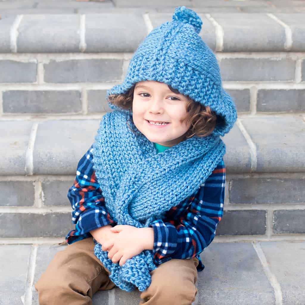 Kid's Hooded Scarf Knitting Pattern by Gina Michele