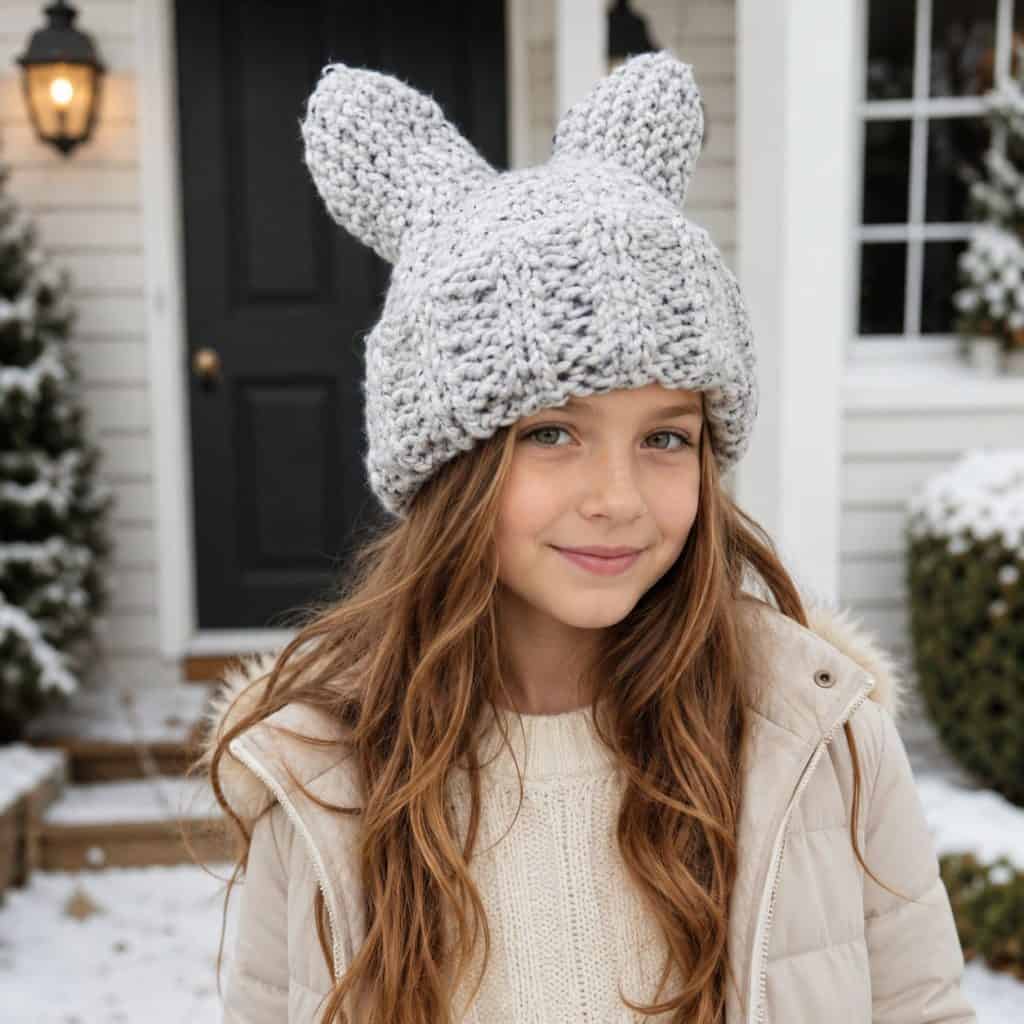 Easy Girls’ Cat Ear Hat Knitting Pattern (Knit Flat on Straight Needles)