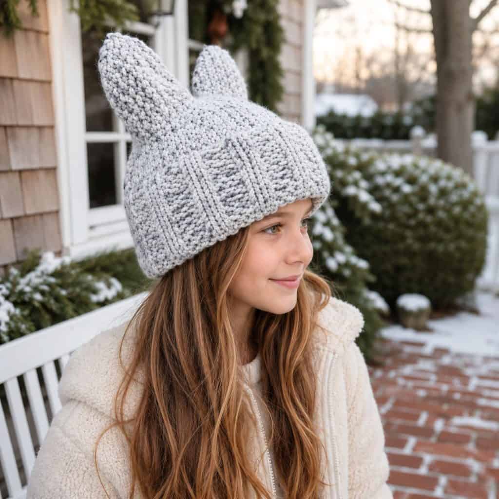 Easy Girls’ Cat Ear Hat Knitting Pattern (Knit Flat on Straight Needles)