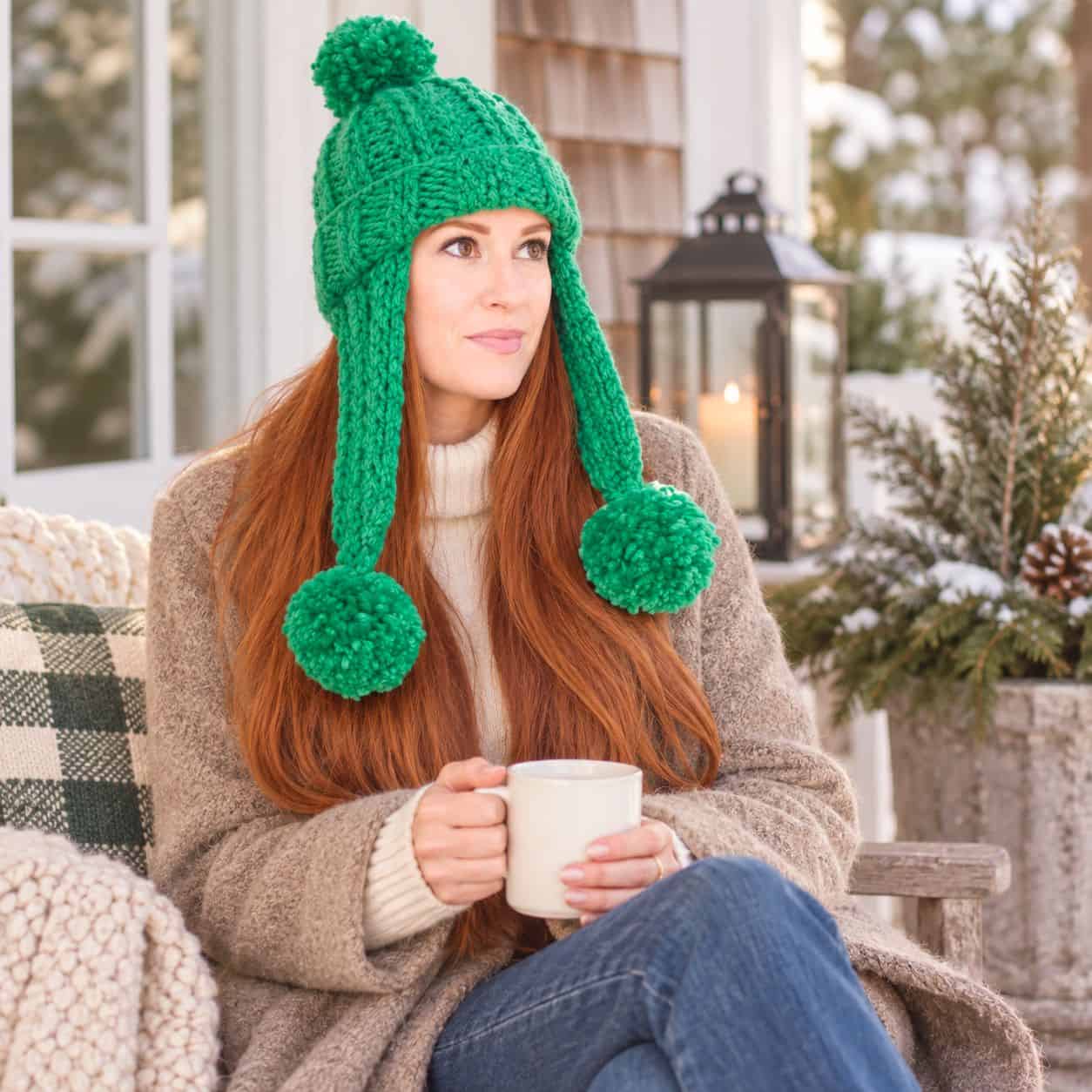 Easy Flat Knit Ear Flap Hat Knitting Pattern (With Pom Poms)