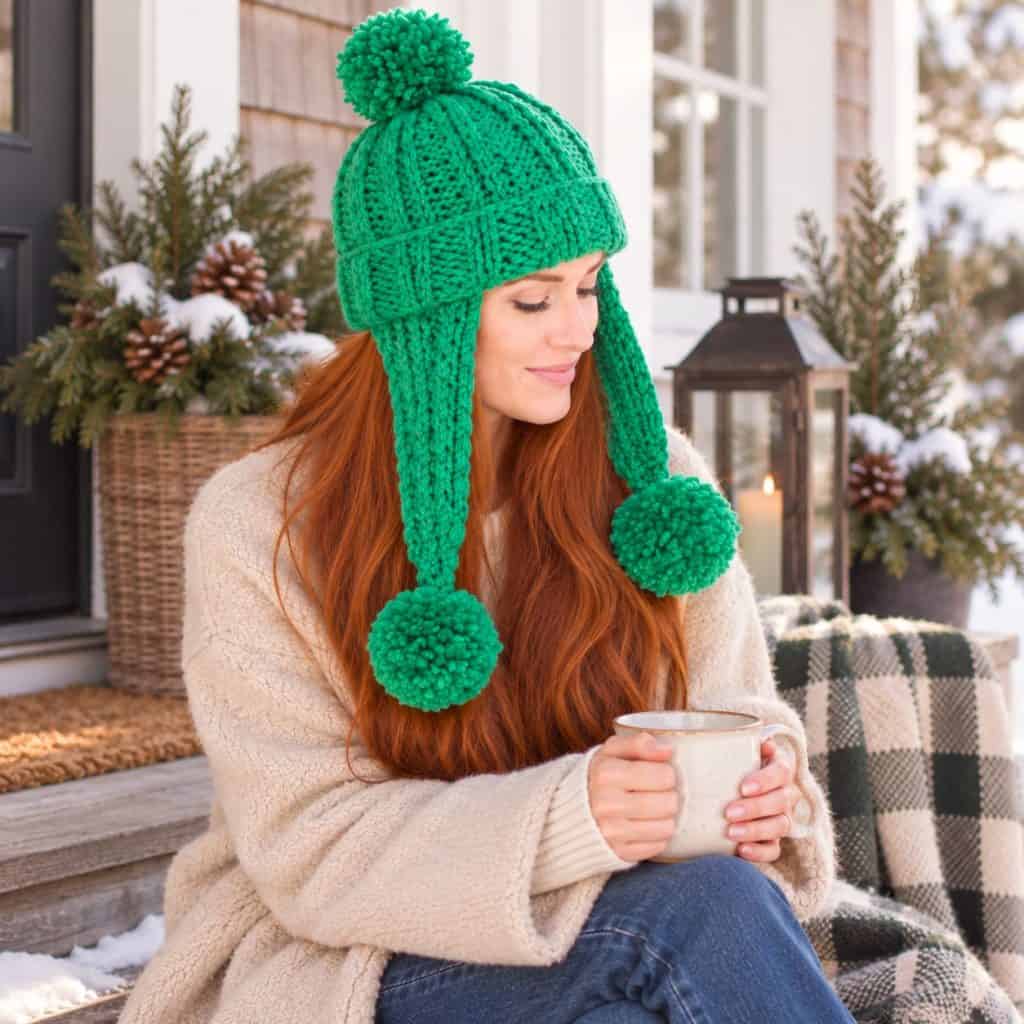 Easy Flat Knit Ear Flap Hat Knitting Pattern (With Pom Poms)