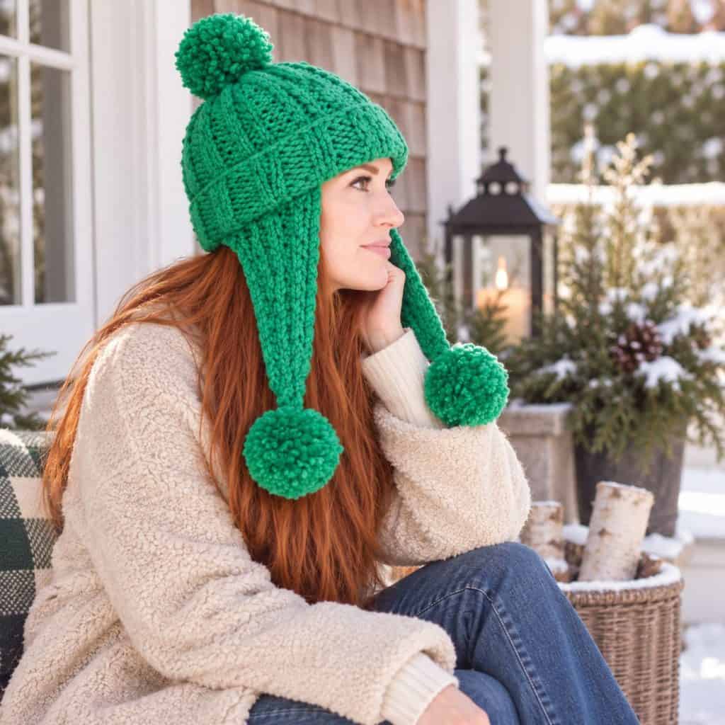 Easy Flat Knit Ear Flap Hat Knitting Pattern (With Pom Poms)