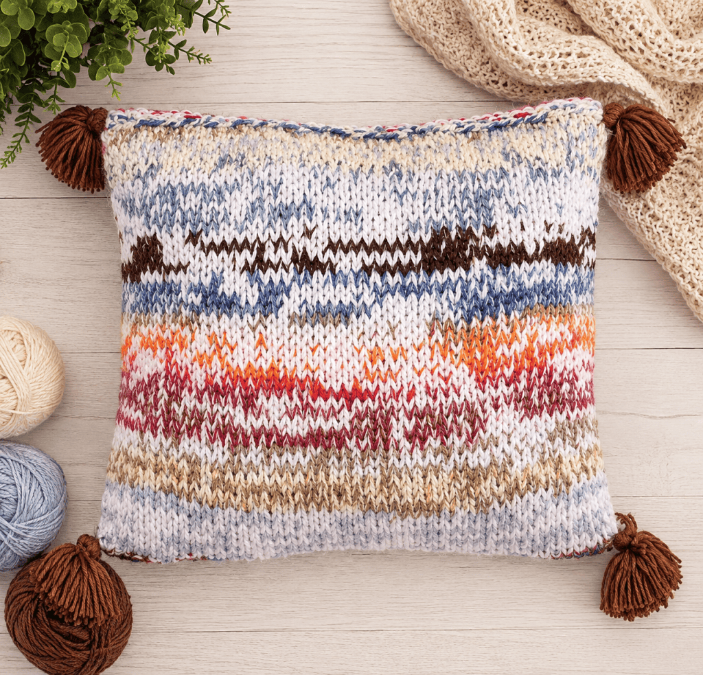Scrap Busting Tassel Pillow Knitting Pattern (Easy Beginner Knit Pillow You Can Make with Leftover Yarn)