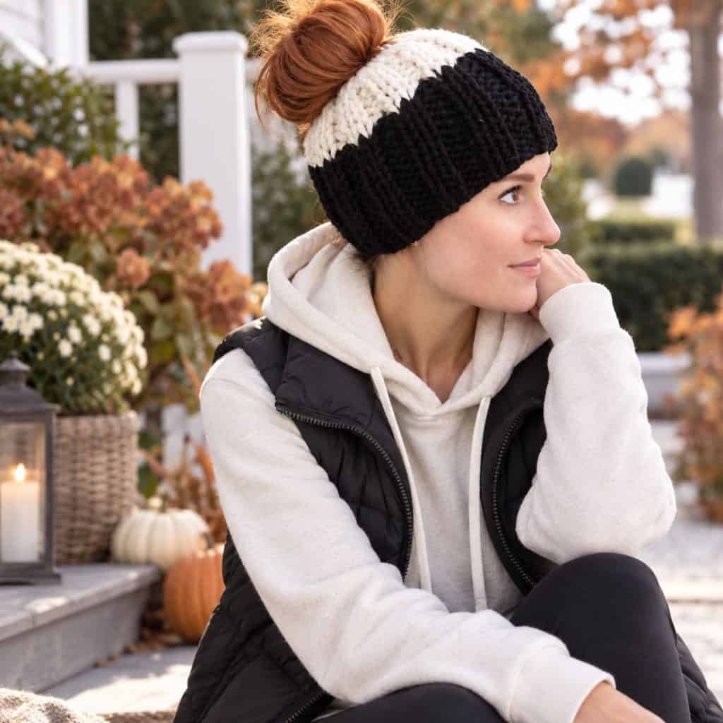 Messy Bun Hat Knitting Pattern: Easy Knit-in-the-Round Ponytail Hat