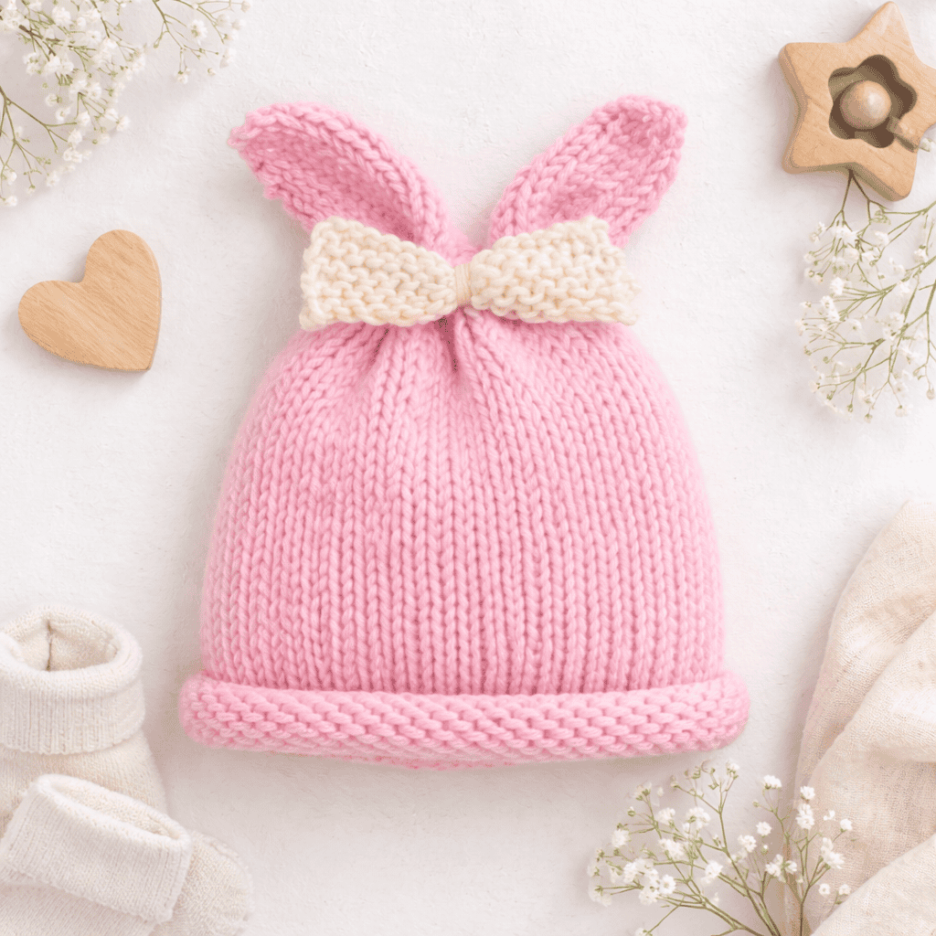 Easy Bunny Ear Baby Girl Hat Knitting Pattern (Circular Needles + Flat Knit Ears)