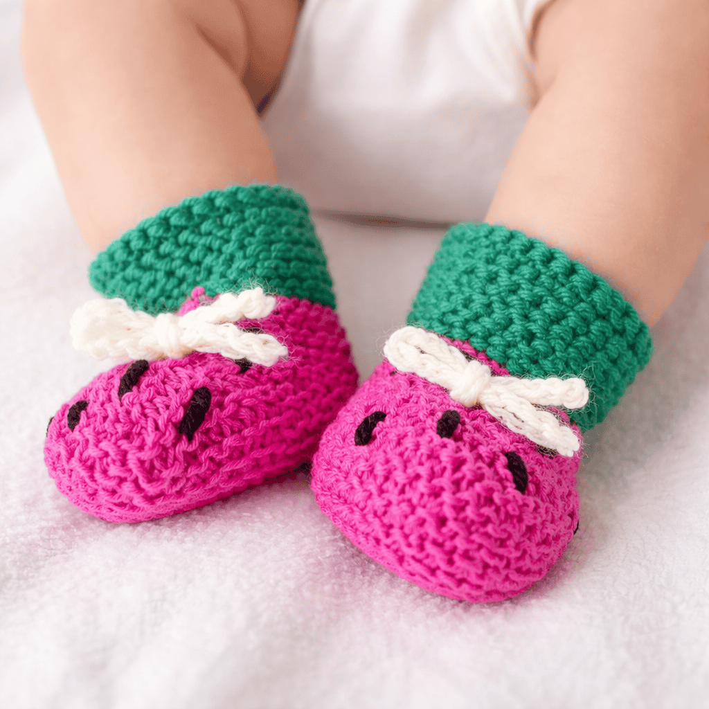 Easy Watermelon Baby Booties Knitting Pattern (Beginner-Friendly + Knit Flat on Straight Needles)
