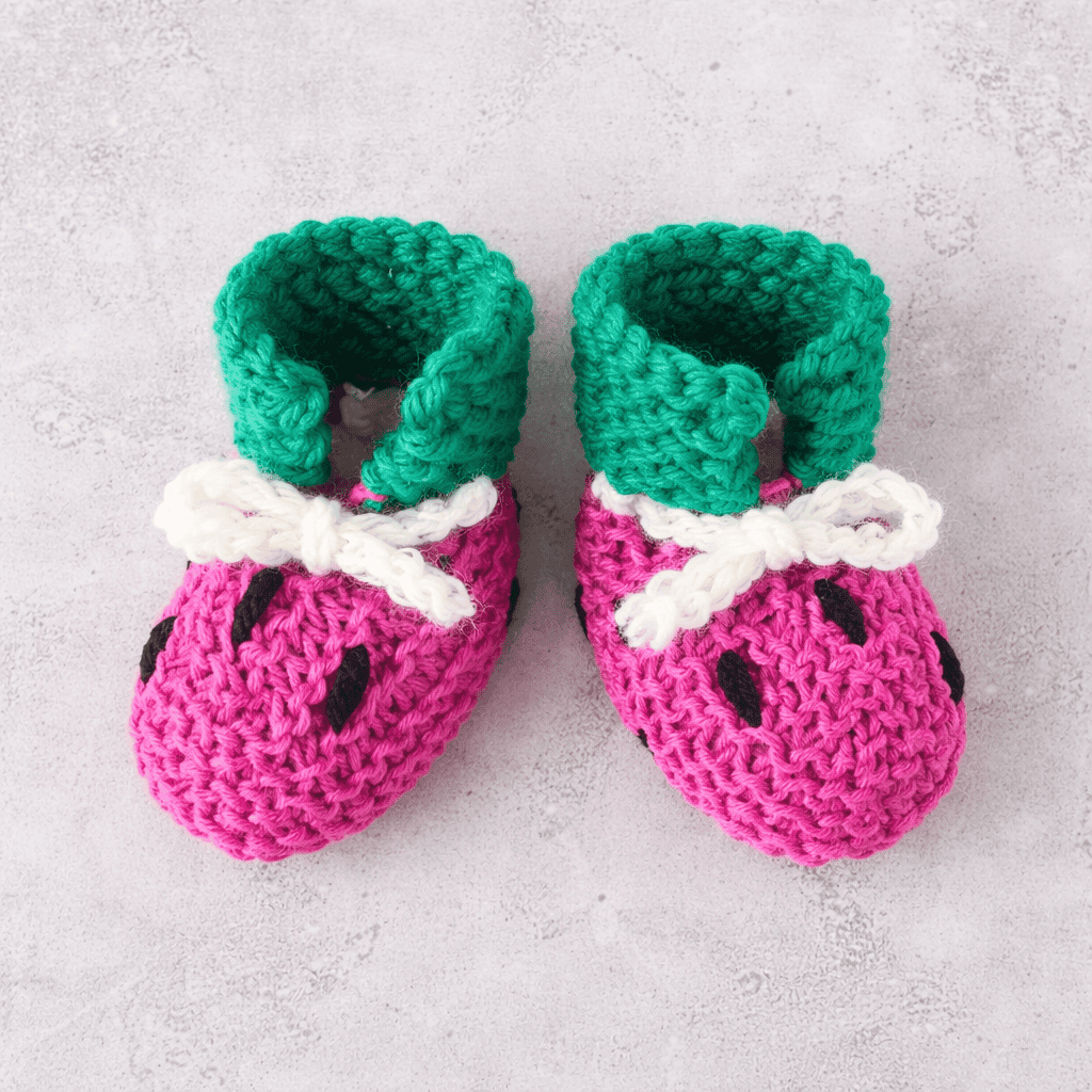 Easy Watermelon Baby Booties Knitting Pattern (Beginner-Friendly + Knit Flat on Straight Needles)