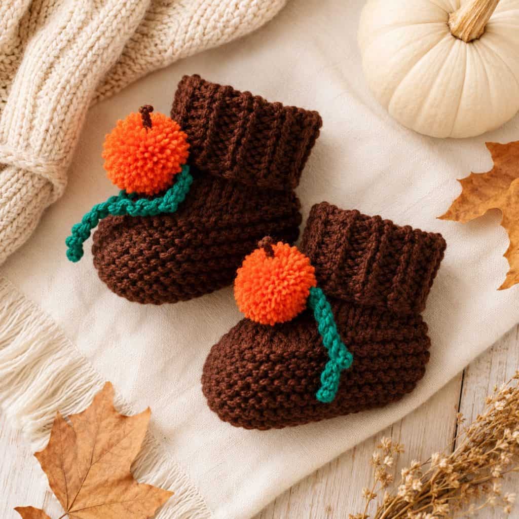 Easy Pumpkin Baby Booties Knitting Pattern (Knit Flat on Straight Needles)