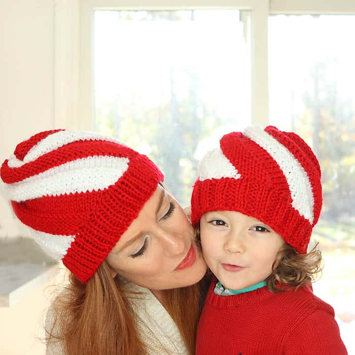 Easy Candy Cane Swirl Hats Free Knitting Pattern- women and kids sizes