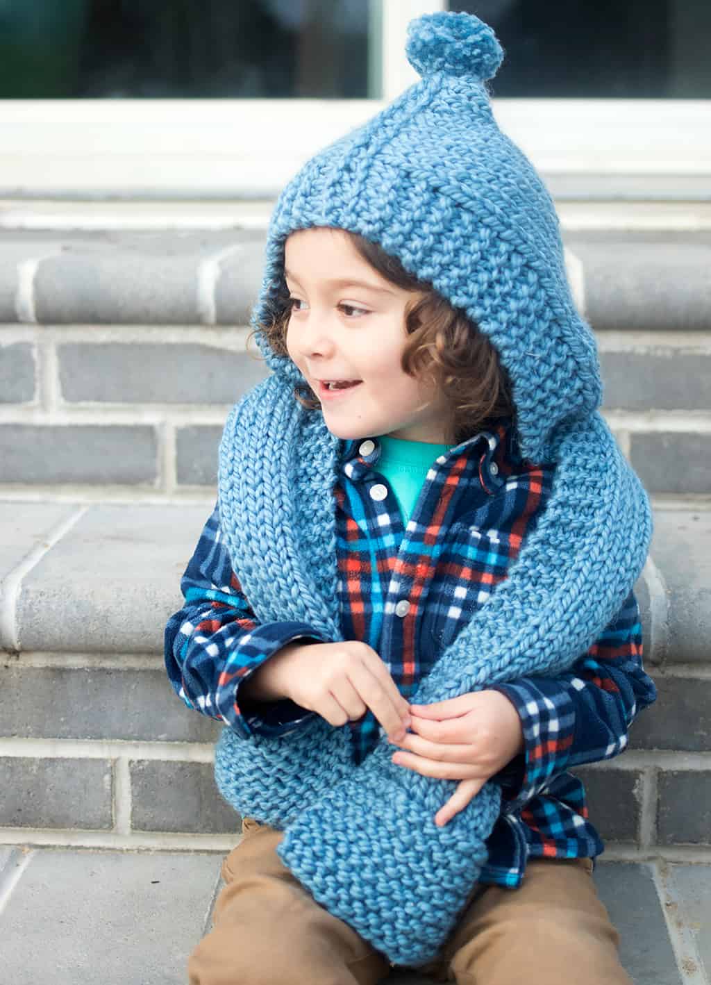 Kid's Hooded Scarf Knitting Pattern by Gina Michele