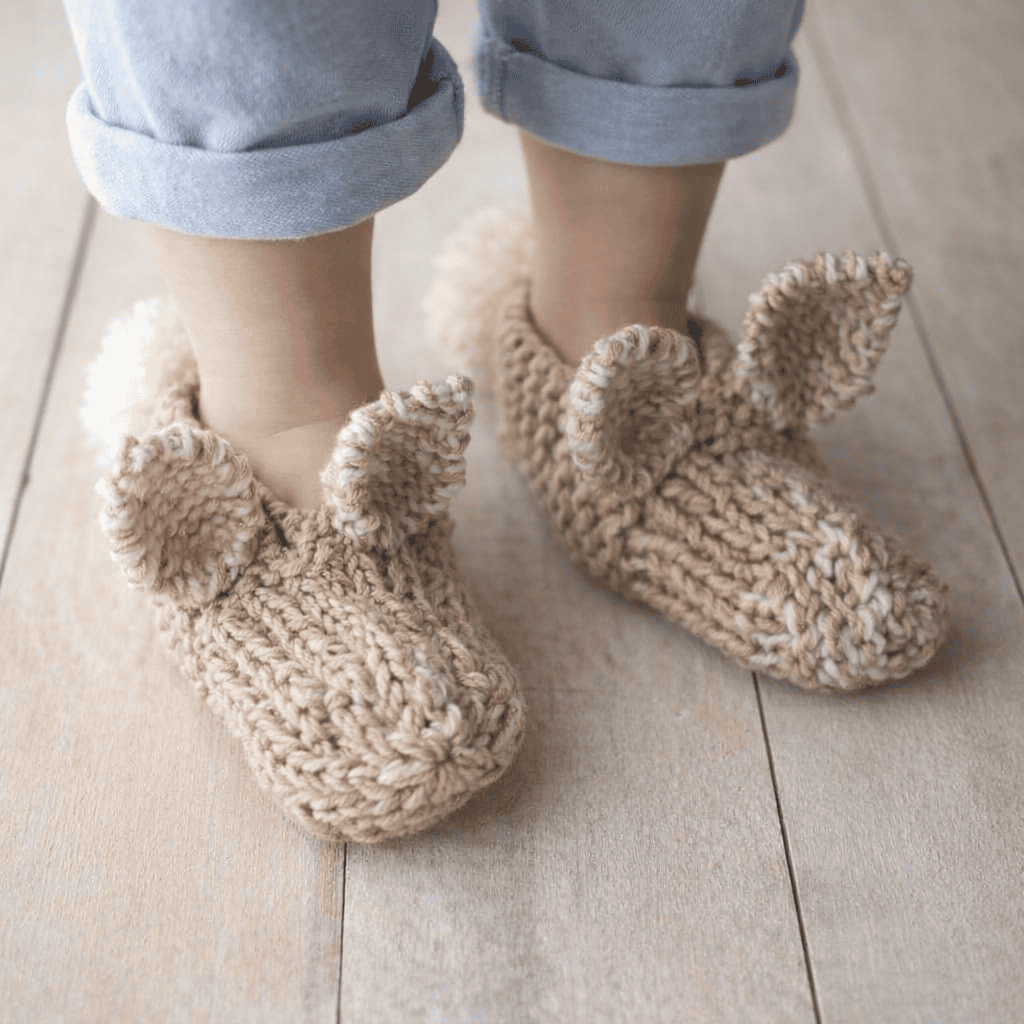 Easy Kids Bunny Slippers Knitting Pattern (Beginner-Friendly + Knit Flat on Straight Needles)