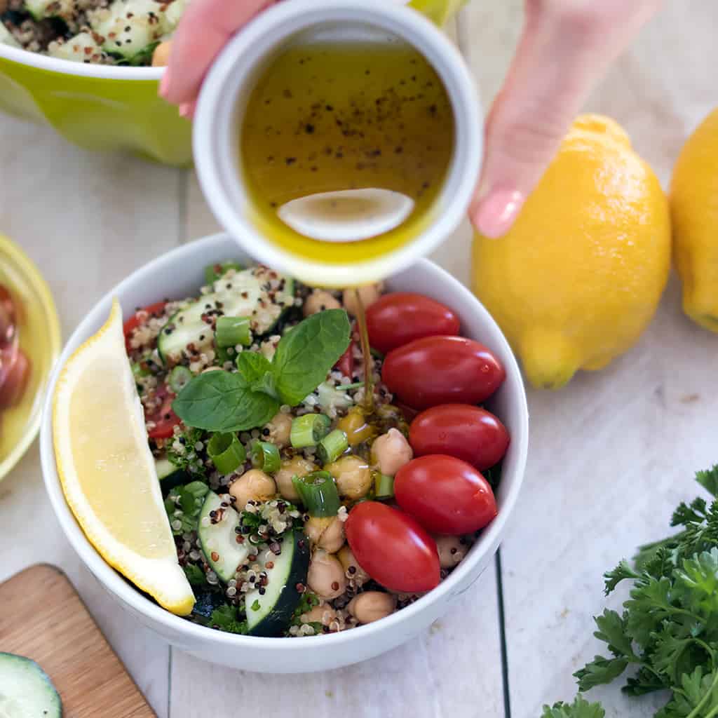 Vegan Quinoa Chickpea Tabbouleh Salad with Lemon Mint Dressing