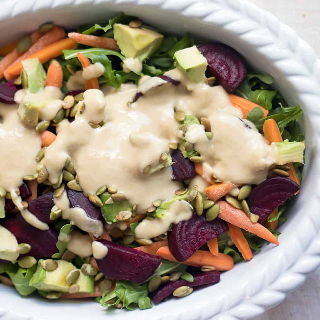 Easy Vegan Avocado Salad with Tahini Dressing