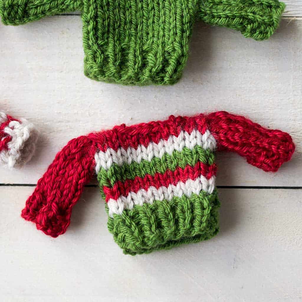 Multicolored with Green Snowflake  Mini Hand Knit Sweater Christmas Ornament 