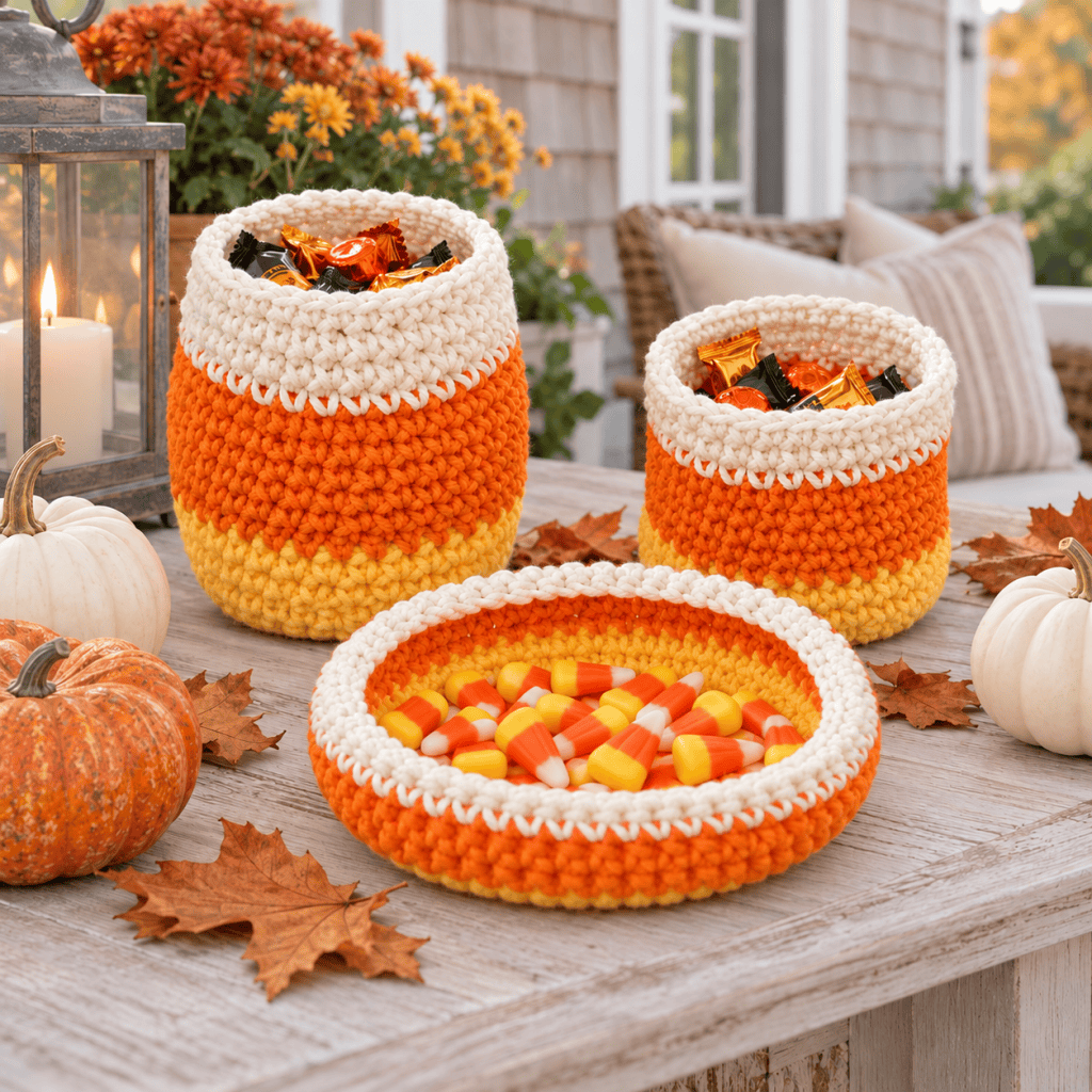 Easy Candy Corn Baskets Crochet Pattern (Cute Halloween Decor)