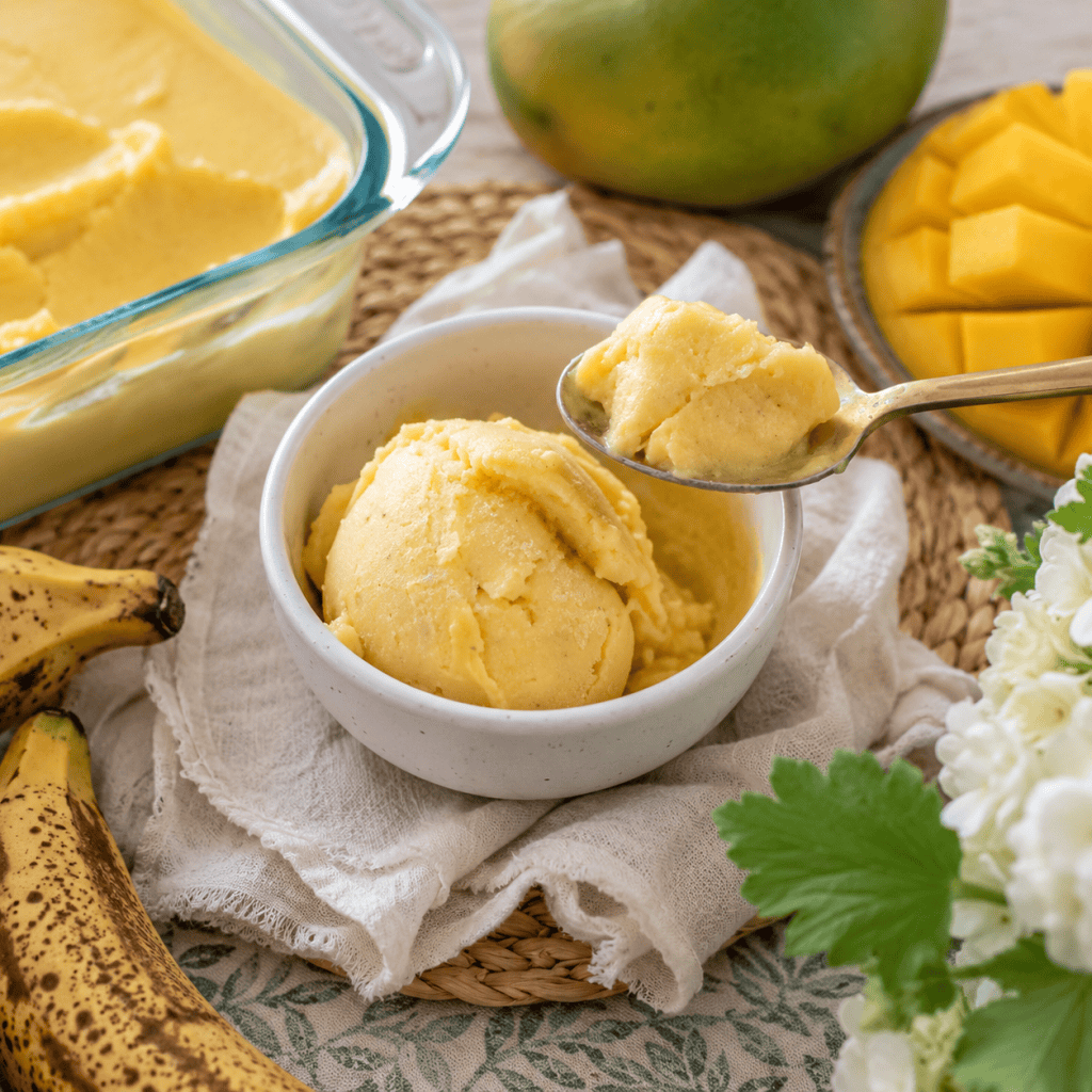 Easy 3-Ingredient Mango Banana Nice Cream (Healthy + Creamy Frozen Treat)