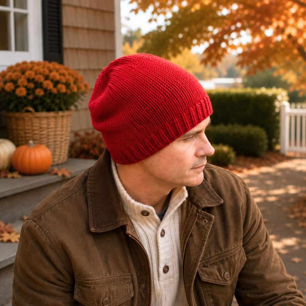 Men’s Flat Knit Slouch Hat Knitting Pattern – Easy Straight Needle Hat
