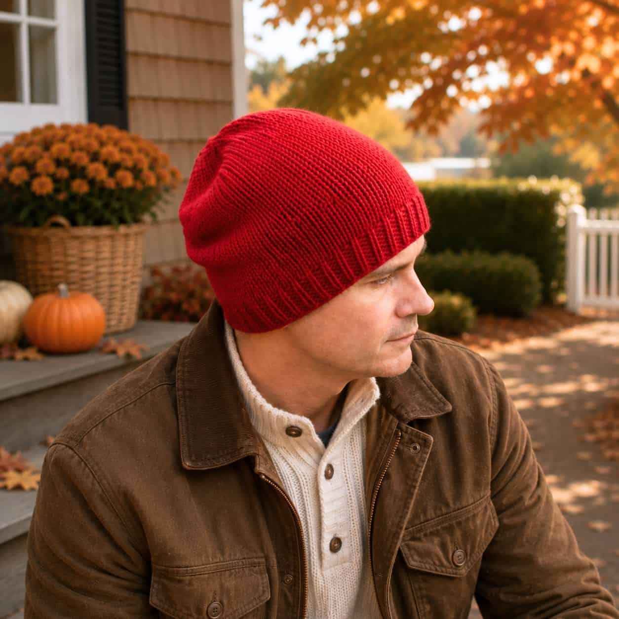 Men’s Flat Knit Slouch Hat Knitting Pattern – Easy Straight Needle Hat