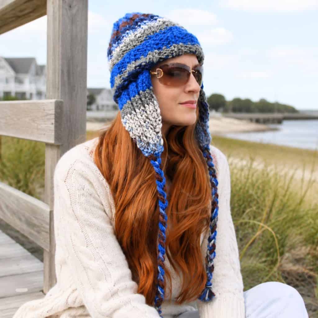 Easy Stripe Ear Flap Beanie Knitting Pattern for Women (Knit Flat on Straight Needles)